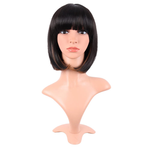 MapofBeauty 12 Inch /30 cm Fashion Lady Short Straight Synthetic Flat Bangs Bob Wig (Black Mixed Brown)