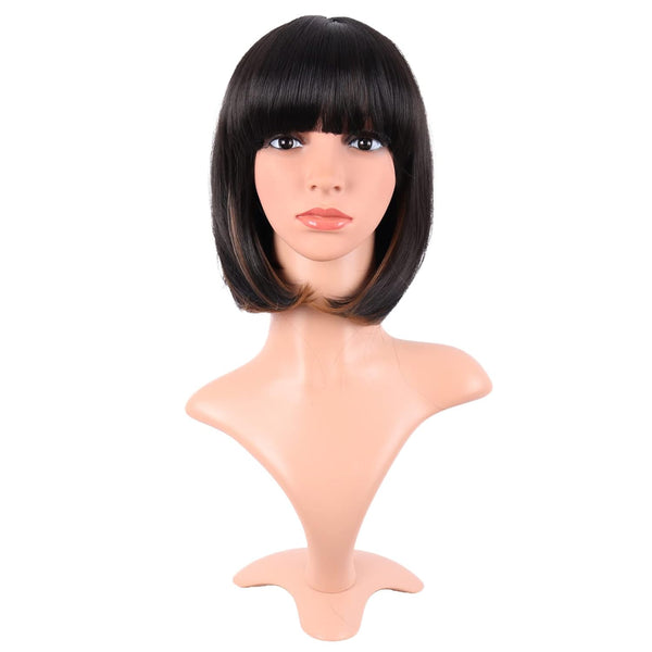 MapofBeauty 12 Inch /30 cm Fashion Lady Short Straight Synthetic Flat Bangs Bob Wig (Black Mixed Brown)