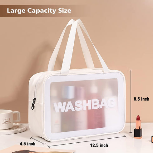Travel Toiletry Bag for Women and Men - Matte Translucent Makeup Organizer Bag with Handy Handle (White)