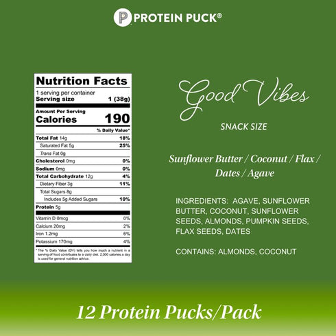 Protein Puck Vegan Protein Bars, Mini Coconut, Dates Flavor Good Vibes, 5g Plant Based Protein, 12 Count