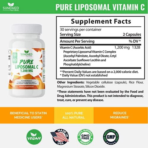 Pure Liposomal Vitamin C, 1200mg, Immune System & Collagen Health Booster, Helps Anti-Aging Skin Vitamins, Sodium