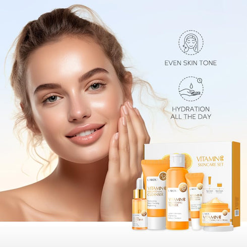 Skin Care Set 5pcs - Vitamin C Women Beauty Gift Set with Cleanser, Toner, Serum, Eye Cream, Face Cream - TSA-friendly
