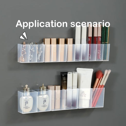 4PCS Medium Wall Mount Storage Box, 4 Compartment Transparent Plastic Makeup Brush Lipstick Holder, Self-Adhesive