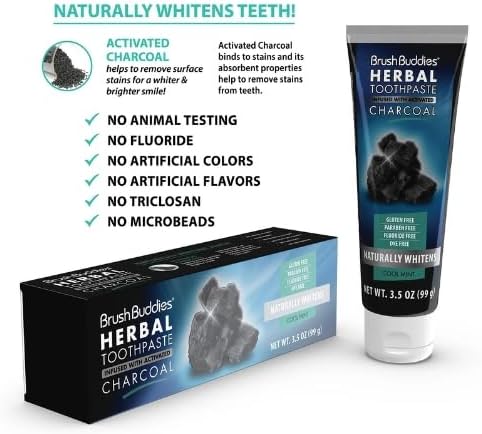 Brush Buddies Herbal Toothpaste with Activated Charcoal, 3.5 oz, Whitening, Fluoride Free, Pack of 2 + MB Sticker