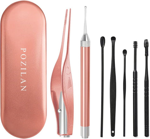 POZILAN Ear Picker Tweezers with LED Light - 8 Pack Ear Wax Removal Tool Cleaner Kit for Adults and Kids