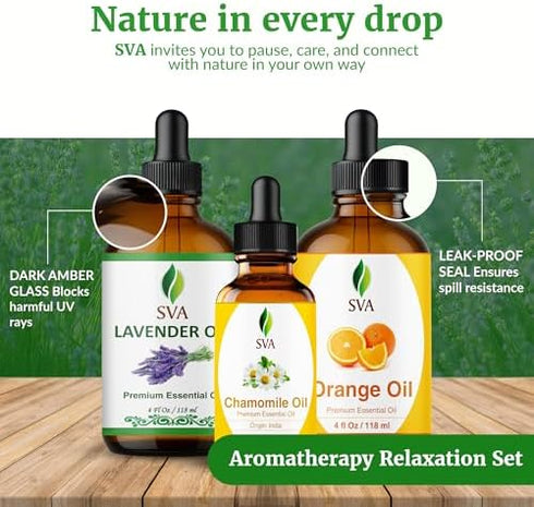 Set SVA Lavender, Orange & Chamomile Essential Oil Bundle Super Saver Combo Premium Grade Aromatherapy Relaxation
