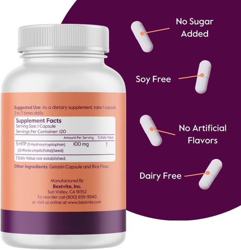 BESTVITE 5-HTP, 100mg, 120 Capsules, No Stearates or Flow Agents