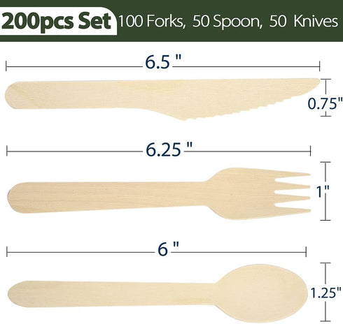 LotFancy Disposable Wooden Cutlery Set, Pack of 200 (100 Forks, 50 Spoons, 50 Knives) Biodegradable Compostable Utensils, Eco-Friendly Recyclable Flatware by LotFancy