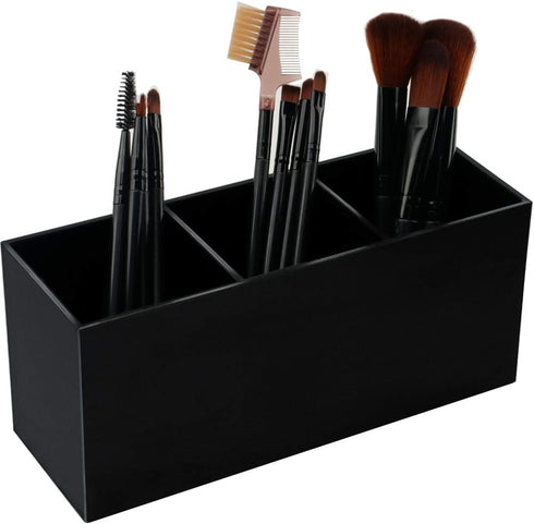 Weiai Black Acrylic Makeup Brush Holder Organizer, 3 Slot Cosmetics Brushes Storage Solution