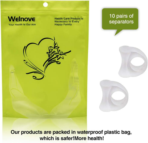 Welnove 10 Pack Toe Separators Gel Toe Spacers for Bunions, Overlapping Toes, and Pain Relief Pads - Clear