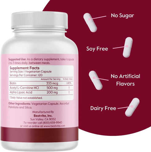 BESTVITE Acetyl L-Carnitine 500mg & Alpha Lipoic Acid 200mg per Capsule - 240 Vegetarian Capsules, Vegan, Non-GMO