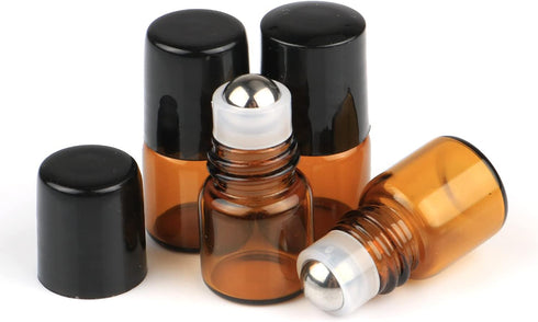 Wresty 25 Pcs Essential Oil Glass Roller Bottles, Mini Refillable Amber Glass Roll On Bottles (1ml)