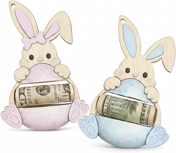 Set of 2 Easter Money Holder Bunny Egg Cash Holder, 3D Wooden
