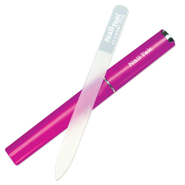 Nail Tek Crystal File Double-Sided Medium 5" with Fuchsia Companion Case, Professional Fingernail File for Manicure