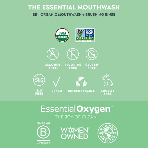 Essential Oxygen Certified BR Organic Brushing Rinse, All Natural Mouthwash, Peppermint, 32 Ounce