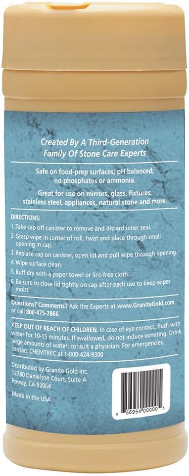 Granite Gold Surface Cleaner Wipes for Stainless Steel, Glass, Granite, Quartz, Marble Countertops, 40 Count (Pack of 1), White