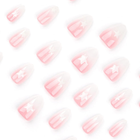 Press on Nails Short Almond MABKJLF, Pink Full Cover French Fake Nails with Star Designs for Women & Girls