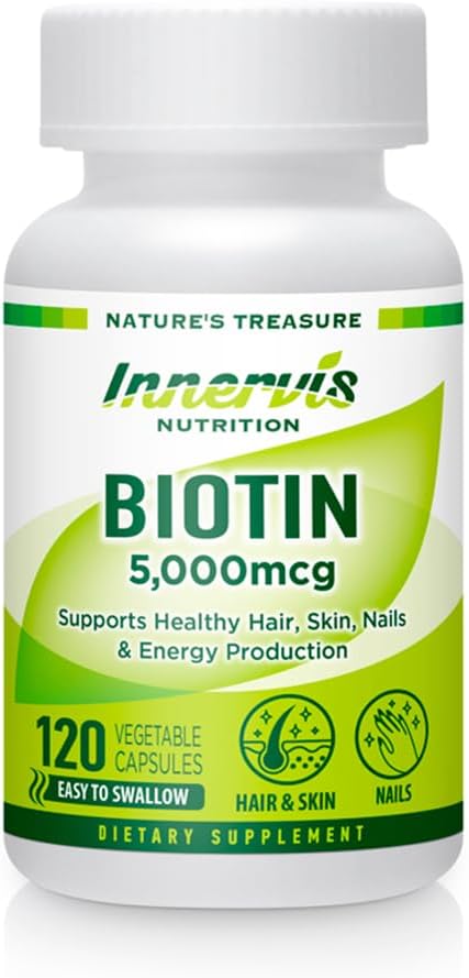 Biotin 5000 mcg Supplement – Supports Healthy Hair Growth, Skin, Nails, Energy Production - 120 Veggie Capsules Vitamin