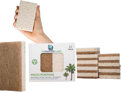 THE GREATER PLANET Natural Kitchen Sponges: Eco Friendly Multipurpose Wood Cellulose Scrub Sponges, 10 Pack