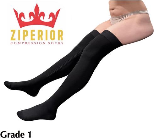 Ziperior 15-20 mmHg Closed Toe Thigh High Compression Wide Leg Inside Zipper