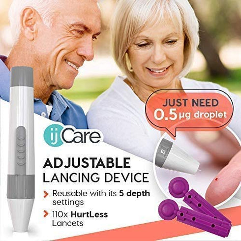 Oh’Care Lite Blood Sugar Test Kit – Glucometer with Strips, Lancets, Lancing Device, Log, and Case (50 Strips & 50