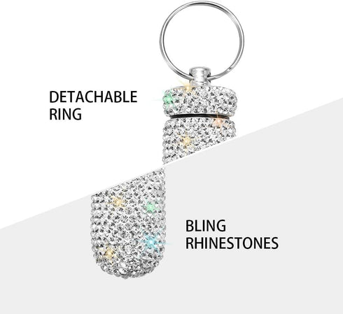 Portable Pill Case, Waterproof Pill Holder with Keychain, Bling Pill Box for Outdoor Travel