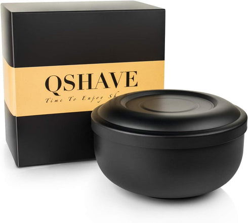 QSHAVE Stainless Steel Shaving Bowl with Lid, 4 Inch Diameter Large Deep Size in Matte Black Chrome Coating