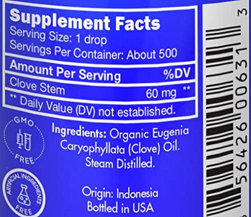 Organic Clove Oil - Food Grade, 100% Pure Essential Oil for Teeth and Gums, by Zongle Therapeutics, 1 OZ