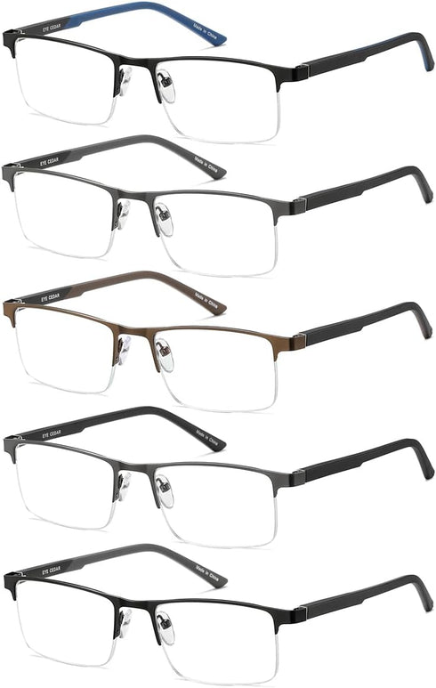 EYECEDAR Blue Light Blocking Reading Glasses for Men, Metal Half Frame, 5 Pack, 1.50