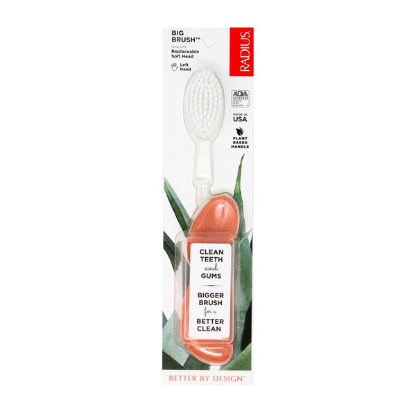RADIUS Big Brush Toothbrush with Replaceable Head, Left Hand, Soft Coral Sparkle, BPA Free, ADA Accepted