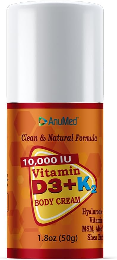ANUMED Vitamin D3 with K2 10,000 IU Cream + Magnesium + Hyaluronic Acid + Vitamin E - Promotes Stronger Bones, Travel