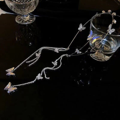 Wedding Butterfly Headband Head Chain, Silver Tassel Hair Hoop Band Decorative Headwear for Women and Girls (02) (01)