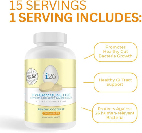 Youngevity i26 Hyperimmune Egg, IgY Max Banana Coconut Chewable, Joint, Gut, Immune Support Supplement