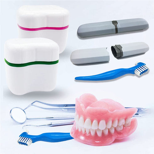 Denture Case Kit with 2 Bath Cups, 2 Denture Brushes & 2 Portable Toothbrush Boxes for Travel