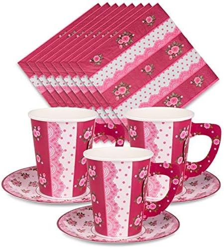 Royal Bluebonnet Paper Tea Cups and Saucer Sets - 24 Disposable Tea Party Decorations for Valentine's Day, Pink Floral