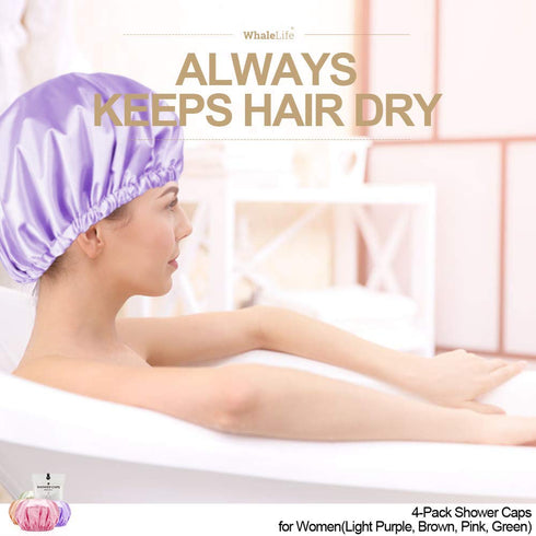 Shower Cap for Women, Reusable Extra Large Satin Double Layer EVA Waterproof Long Hair Caps (4 Pack)