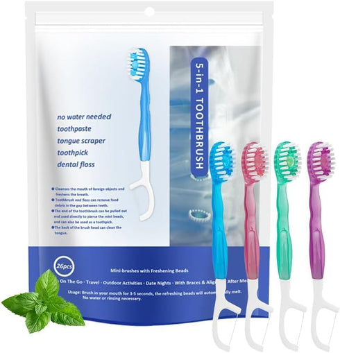 JOUGE Mini Disposable Toothbrushes with Toothpaste 26 pcs 5 in 1 Travel Portable