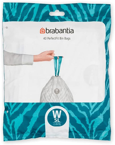 Brabantia PerfectFit Trash Bags, Size W/1.3 Gal, Thick Plastic Liners with Drawstring Handles, 40 Bags