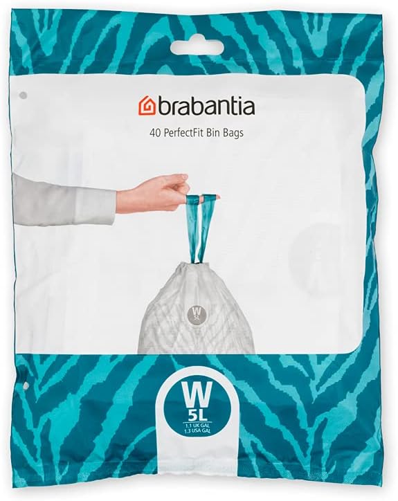 Brabantia PerfectFit Trash Bags, Size W/1.3 Gal, Thick Plastic Liners with Drawstring Handles, 40 Bags