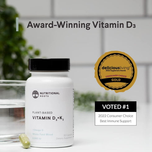 Plant Based Vitamin D3 K2, 5000 IU D3, Probiotics, Algal Omega 3 DHA, Organic Food Blend, Vegan, 30 ct