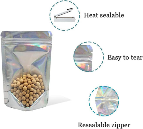 Resealable Stand Up Zipper Lock Bags | Clear Foil Food Storage Packaging | Heat Seal Pouches (50, 5.5x7.87 inch)