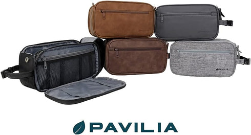 PAVILIA Toiletry Bag for Men, Travel Essentials Dopp Kit, PU Leather Water Resistant Organizer Case, Brown