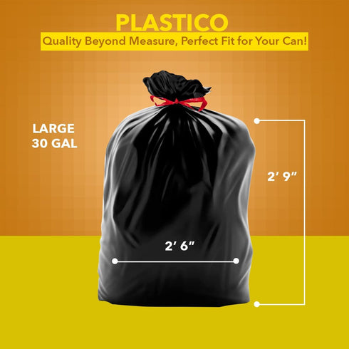 Plastico Large Trash Bags, 30 Gallon, Black, 28 Garbage Bags, Extra Strong, Easy Drawstrings, Odor Guard Control,