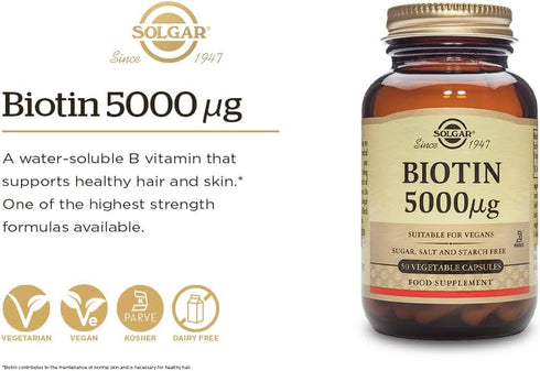 Solgar Biotin 5000 mcg, 100 Veg Caps for Healthy Skin, Nails & Hair, Non-GMO, Vegan