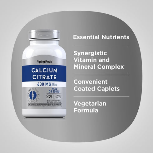 Calcium Citrate with Vitamin D3, 630 mg, 220 Caplets - Non-GMO, Gluten Free Supplement by Piping Rock