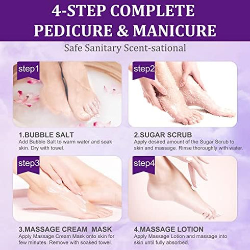 Pedicure Kit Foot Soak Set: Bubble Salt, Sugar Scrub, Massage Mask, Lotion, 4 Step Foot Spa Kit for Dry Feet (3 Set