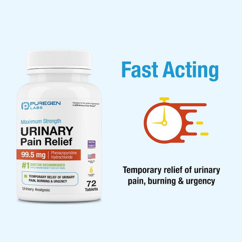 Puregen Labs Urinary Pain Relief Tablets, Maximum Strength OTC for Fast UTI Pain Relief, 72 Count