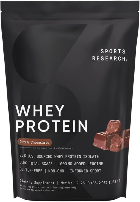 Sports Research Whey Protein Isolate, 25g Protein per Serving, 2lb Bag, Dutch Chocolate, 25 Servings