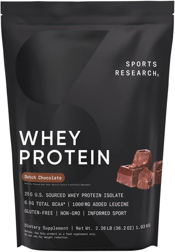 Sports Research Whey Protein Isolate, 25g Protein per Serving, 2lb Bag, Dutch Chocolate, 25 Servings