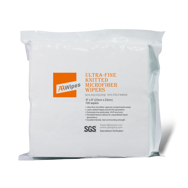 AAwipes Knitted Microfiber Cleanroom Wipers - 9"x9" Bag of 100 Pcs, Lint Free Cloths for Fiber Optics